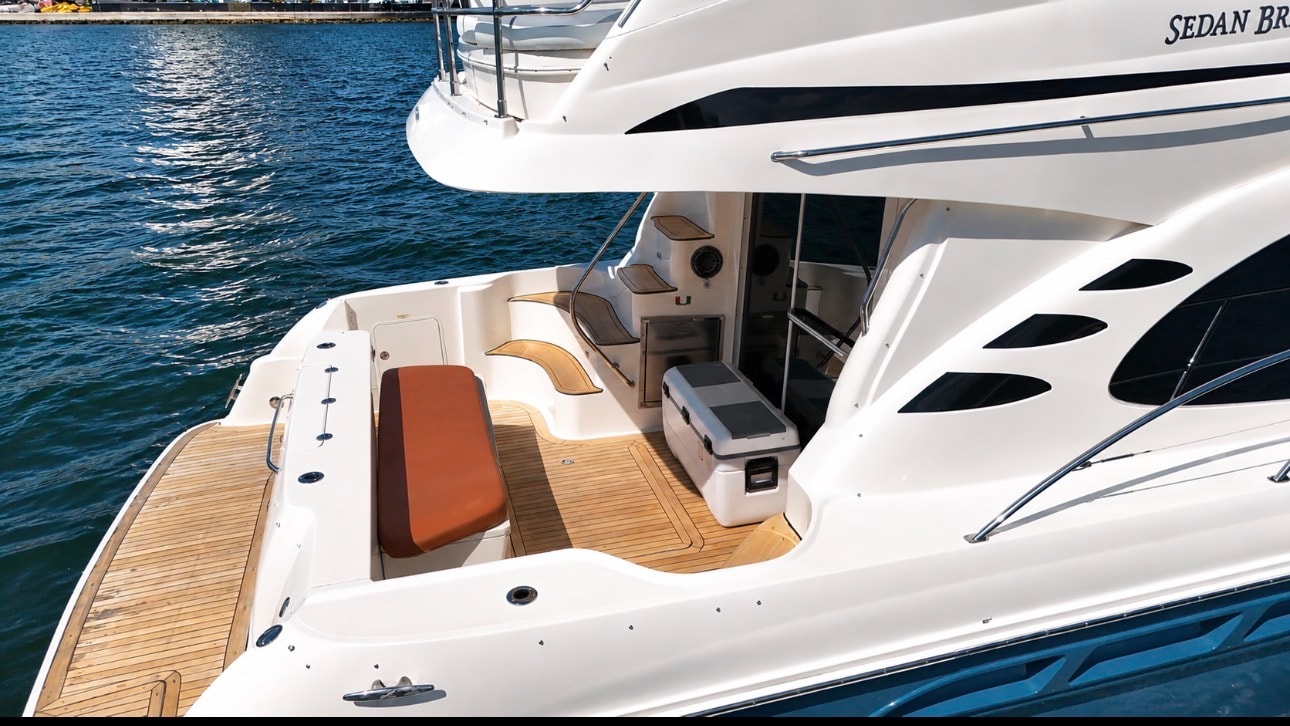 "BLUE" Sea Ray 50GT aft cockpit teak deck dockside