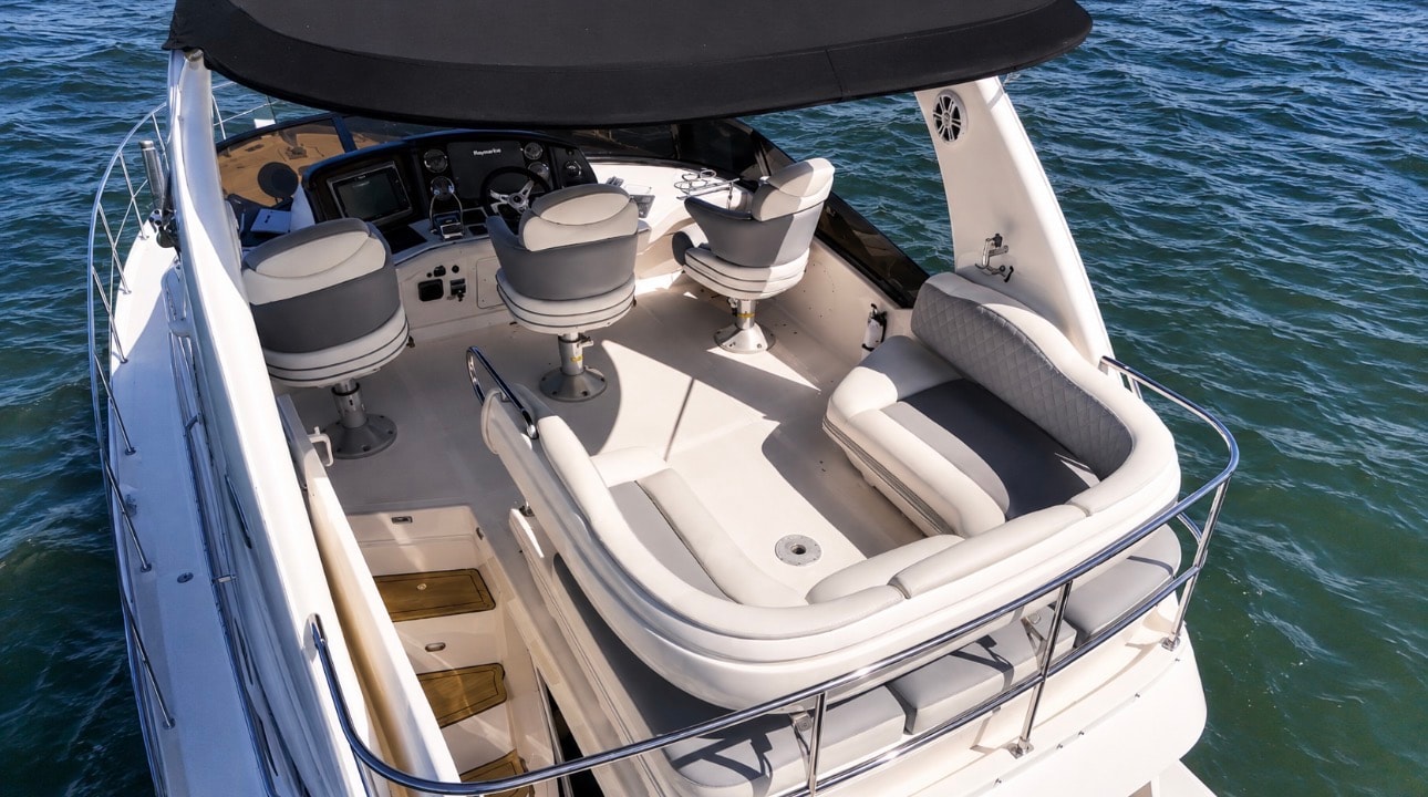 "BLUE" Sea Ray 50GT flybridge helm seating area