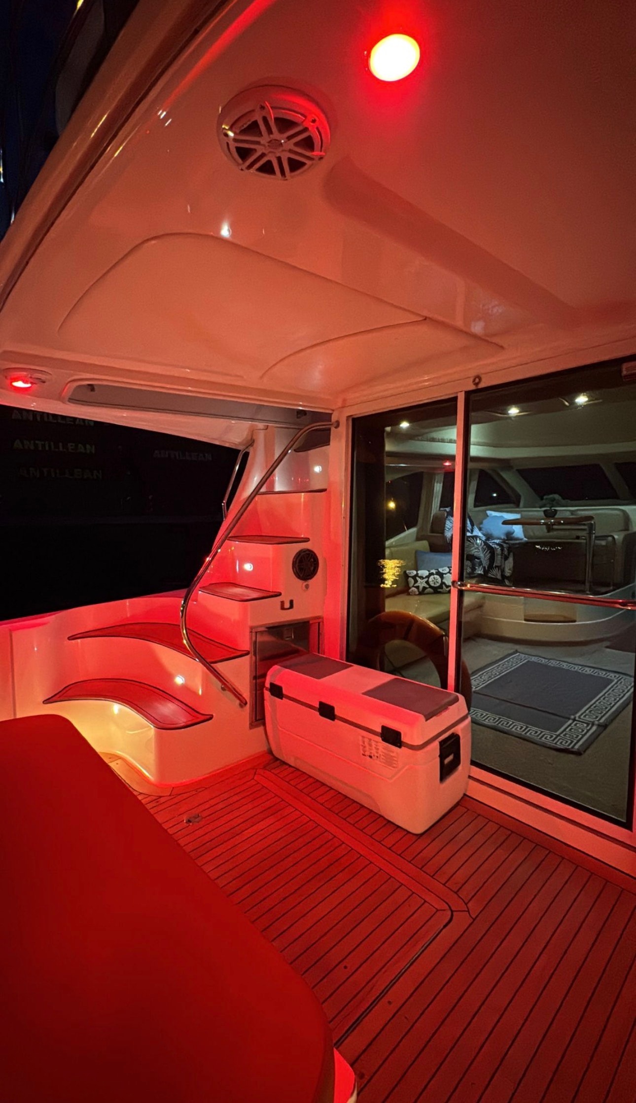 "BLUE" Sea Ray 50GT aft deck night party red ambient lighting