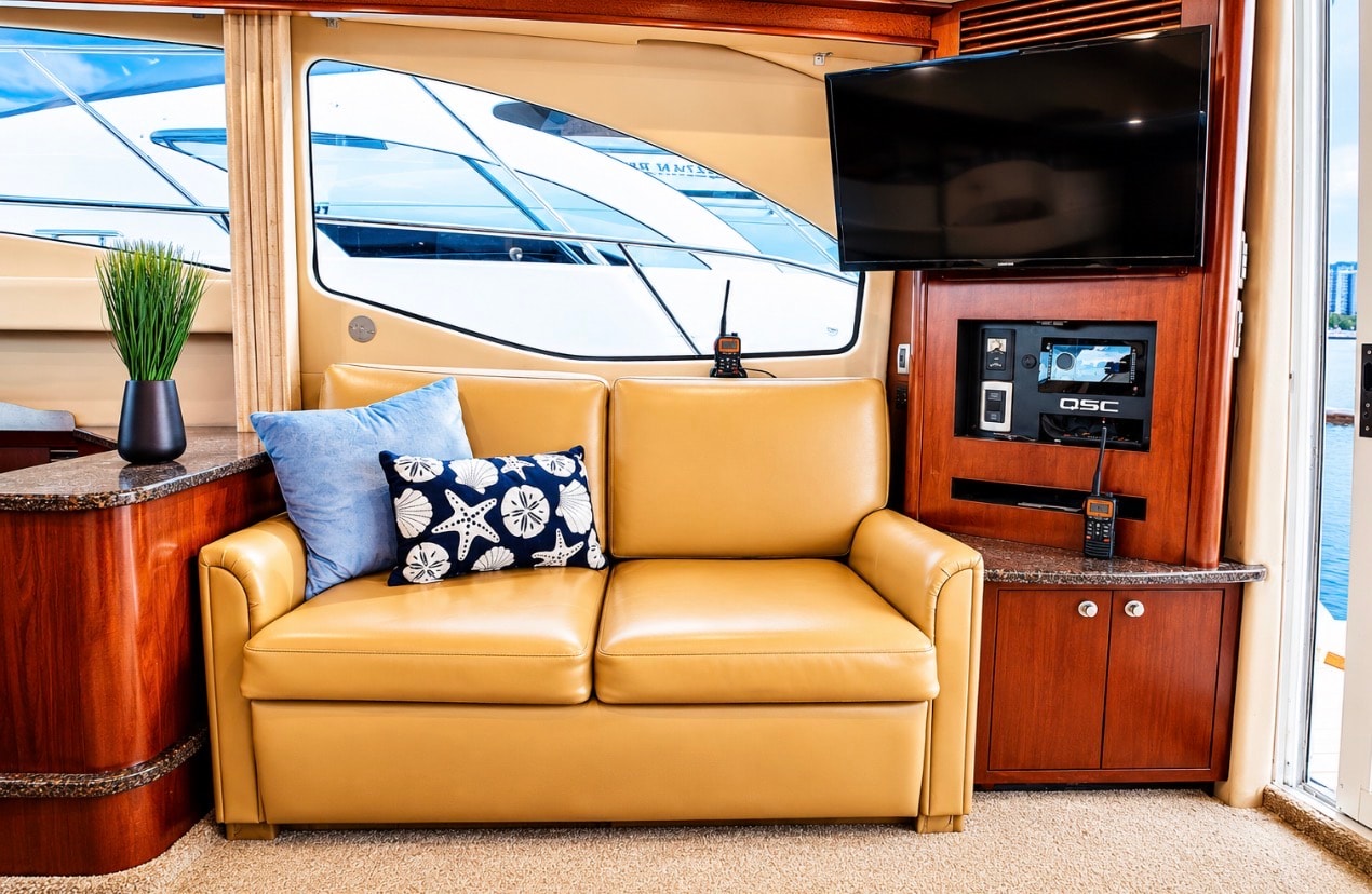 "BLUE" Sea Ray 50GT salon lounge with flat screen TV and entertainment system