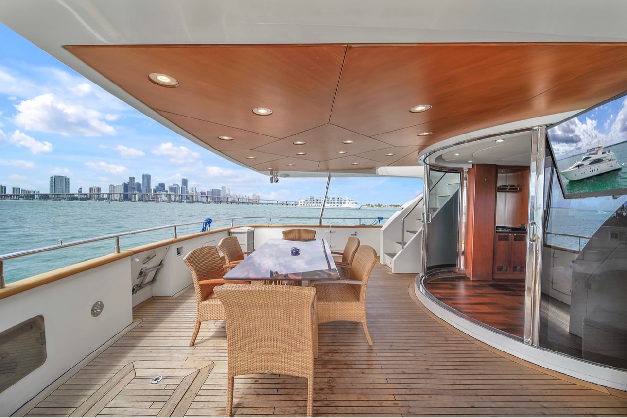 Luxury yacht deck with ocean view and Miami waterfront