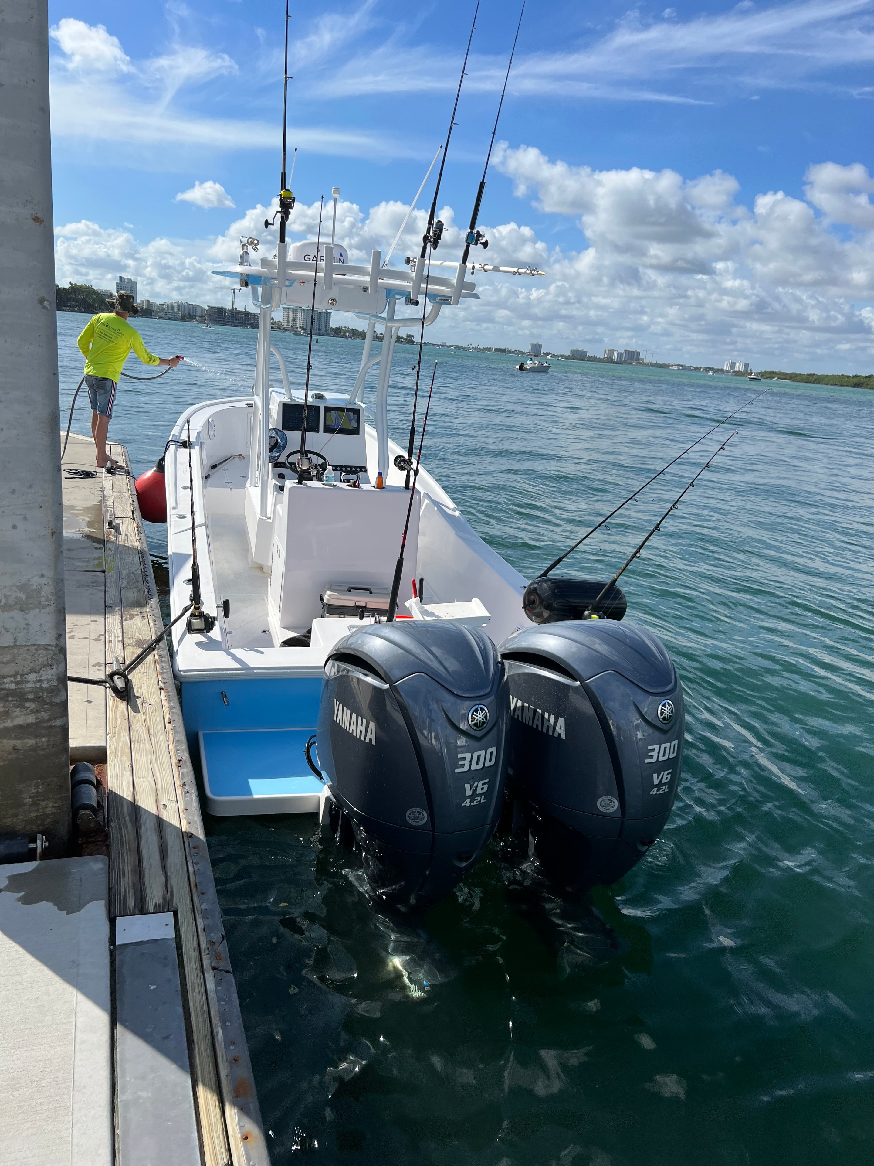 Mako 30ft cockpit with rod holders and fishing gear ready